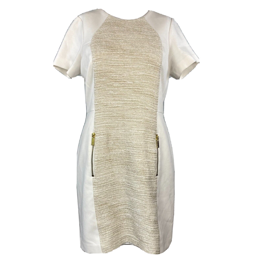 Michael Kors Dress Womens Sz 8‎ Ivory Beige Gold Boucle Tweed Sheath Zip Pockets